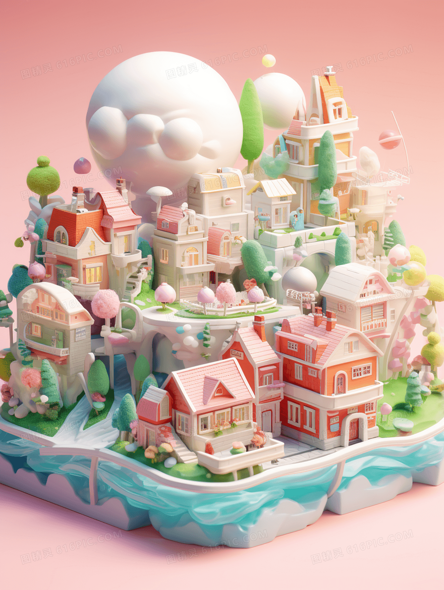 3D立体粉色卡通城堡玩具模型插画