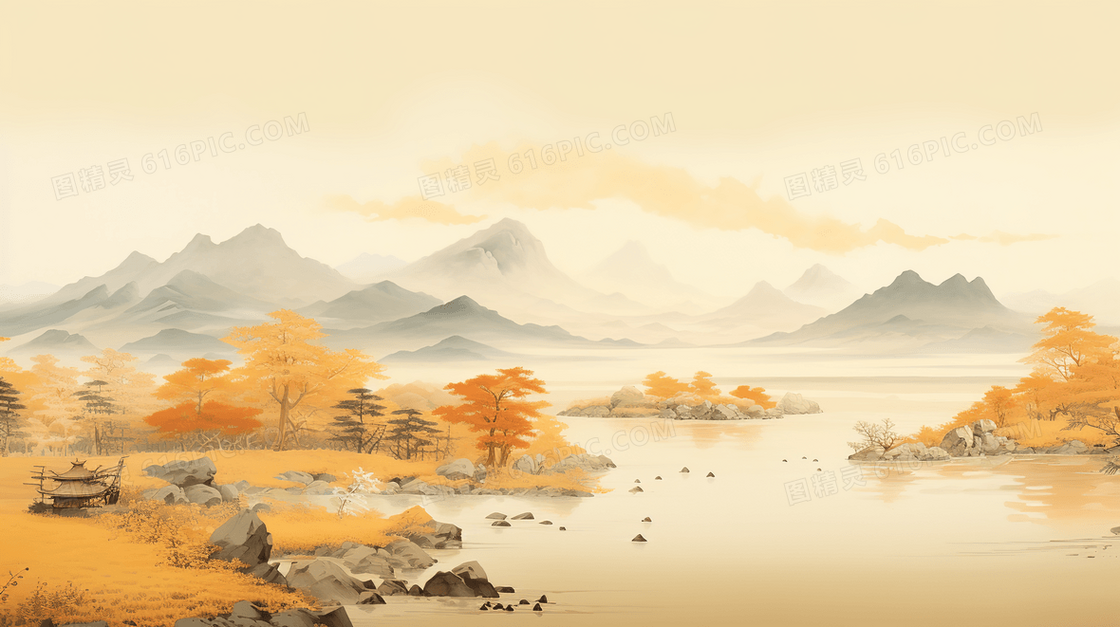 国潮风山水水墨风景插画