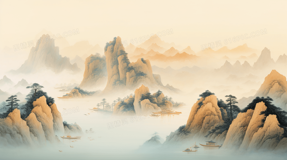 中国风山水水墨风景插画