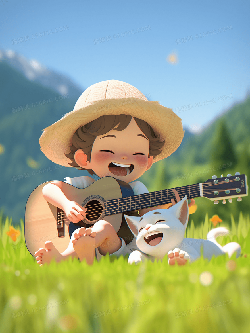 坐在草地上弹吉他的卡通男孩人物插画