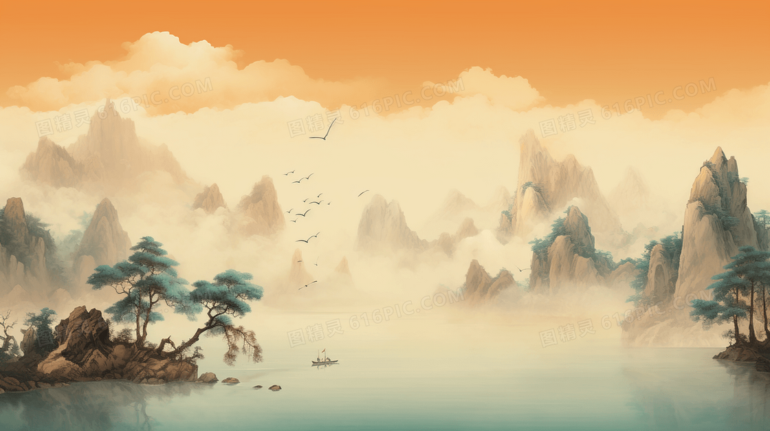 中国风山水水墨风景插画