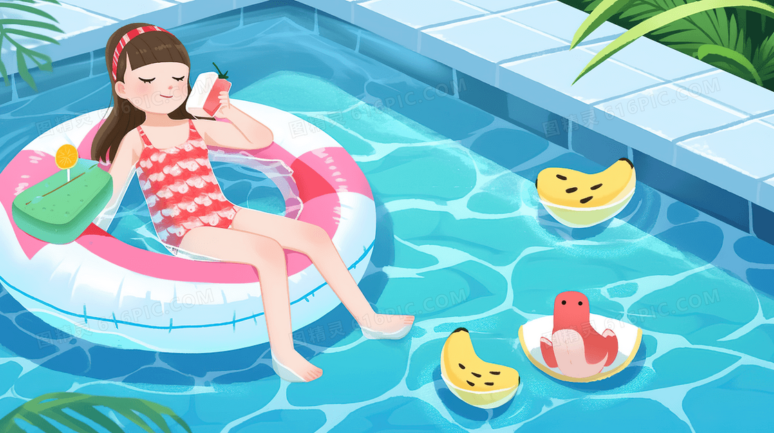 炎热的夏天可爱的泳装女孩躺在游泳池里晒太阳创意插画