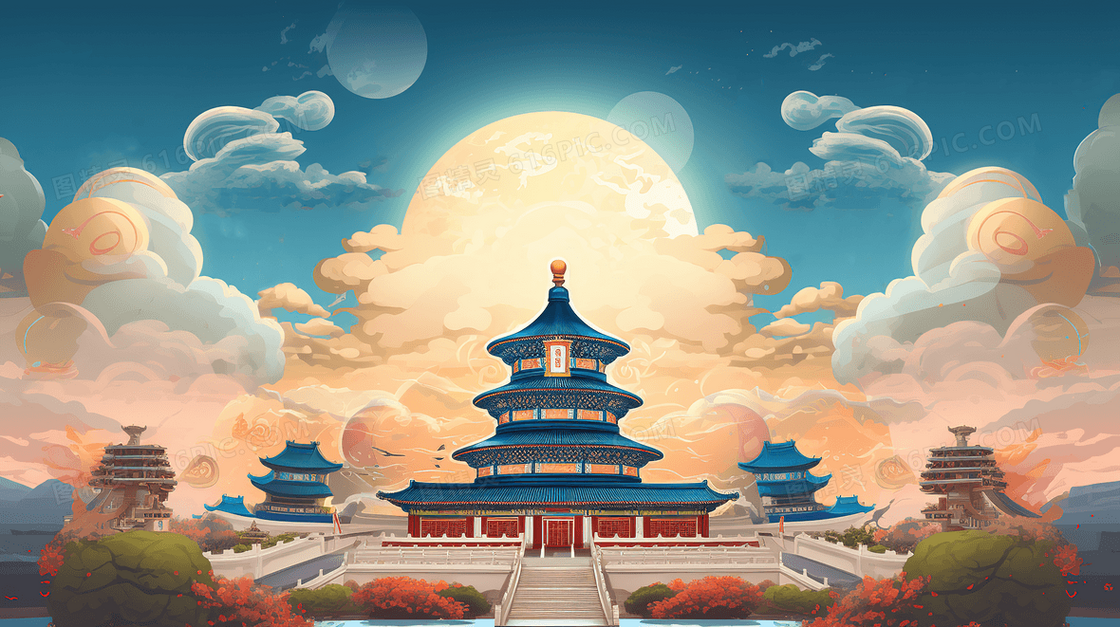 大气精美国潮风天坛风景创意插画