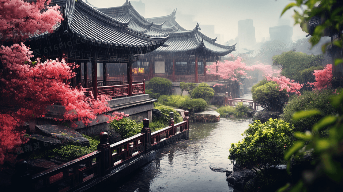 中国风唯美古建筑风景插画