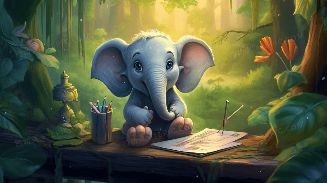 正在学习的卡通森林小象插画