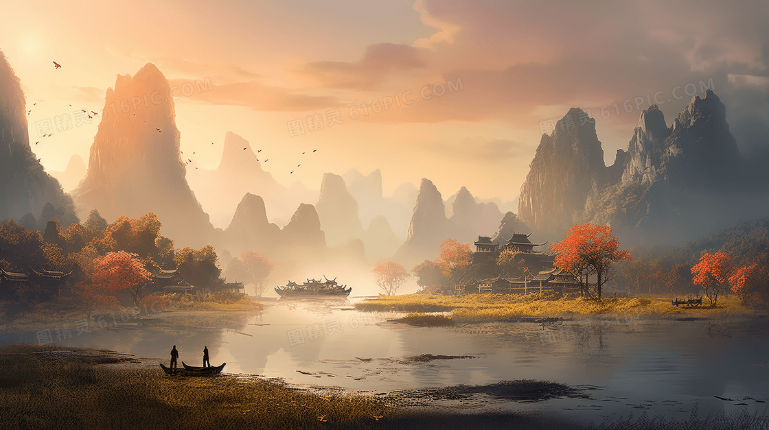 中国风古建筑山水风景插画