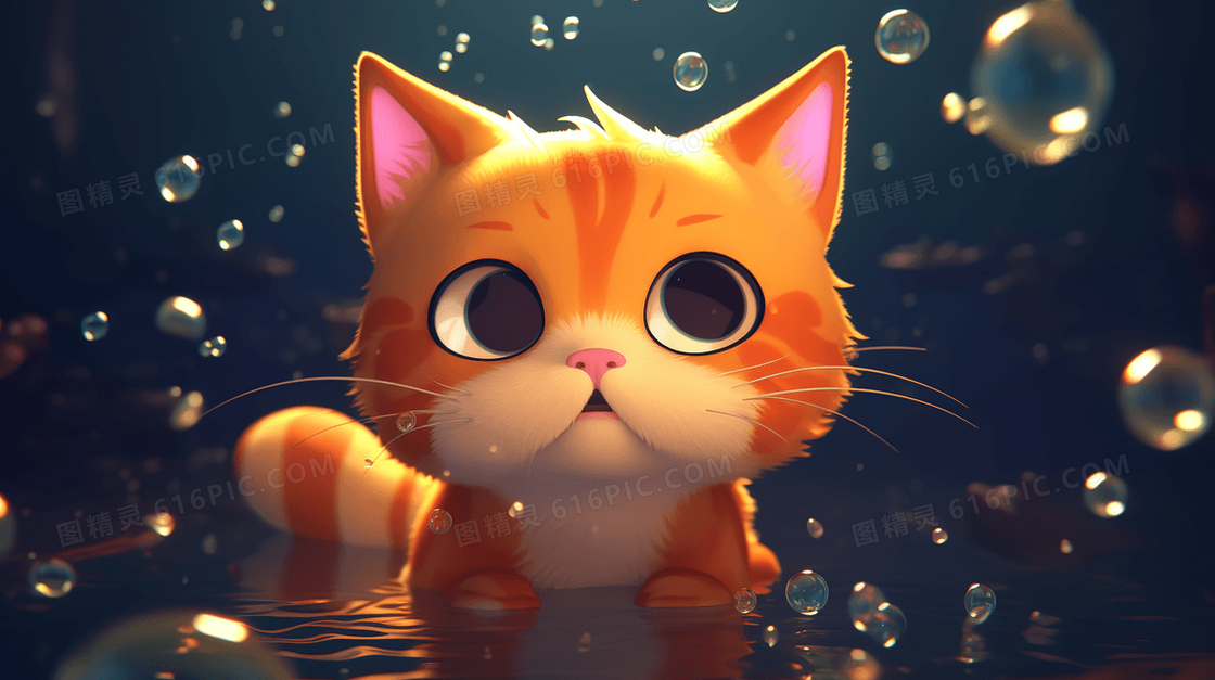 黄色卡通追泡泡的猫咪插画