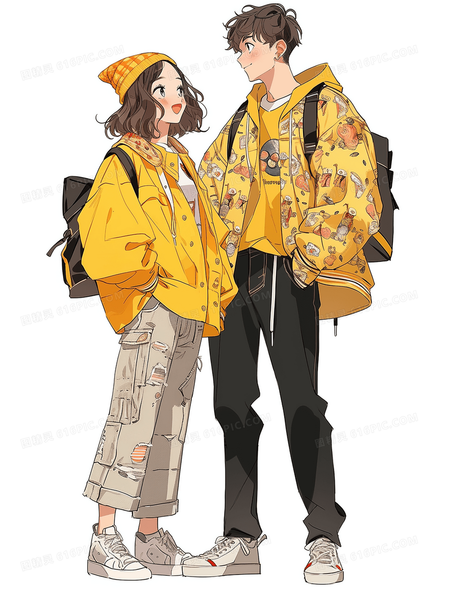 卡通青春时尚情侣装人物插画