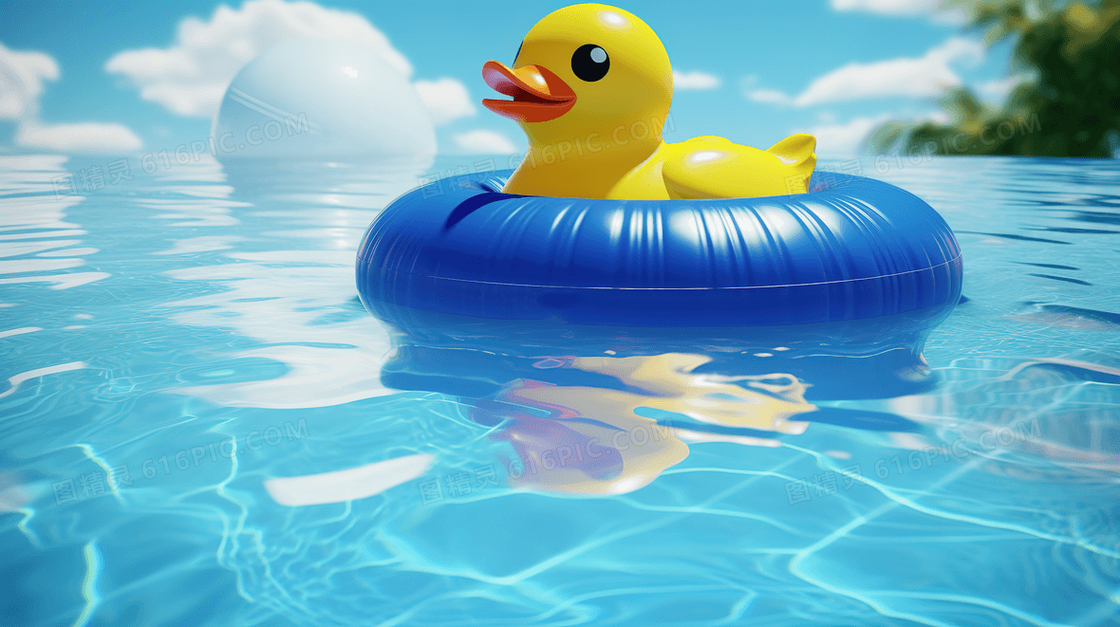夏日游泳池上的小黄鸭游泳圈特写图片