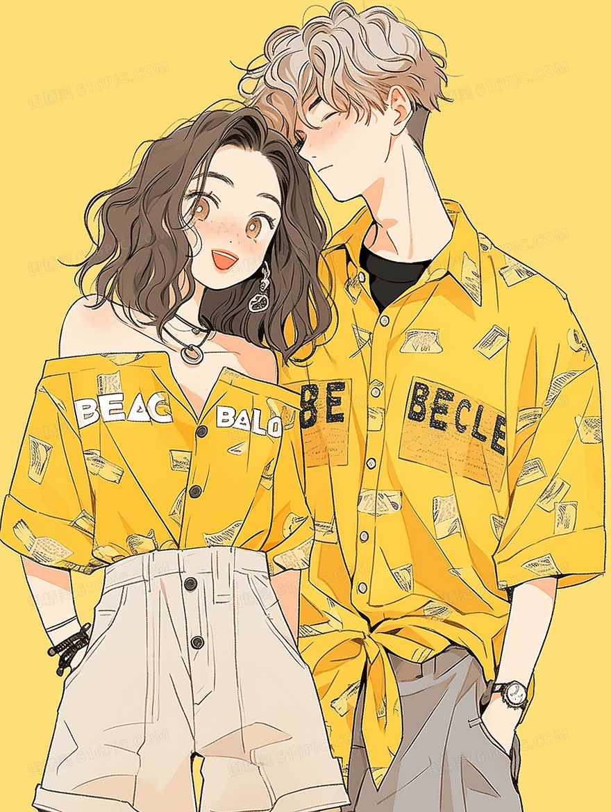 卡通青春时尚情侣装人物插画