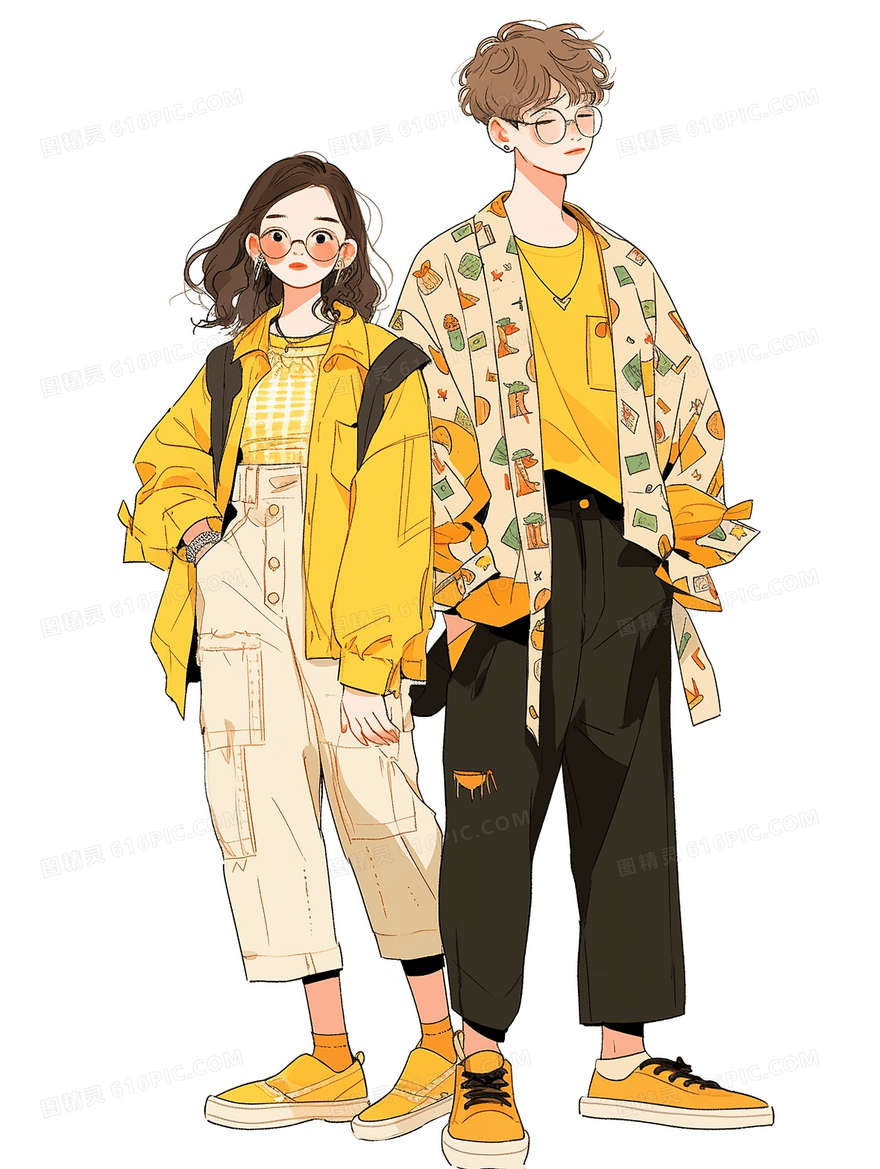 卡通青春时尚情侣装人物插画