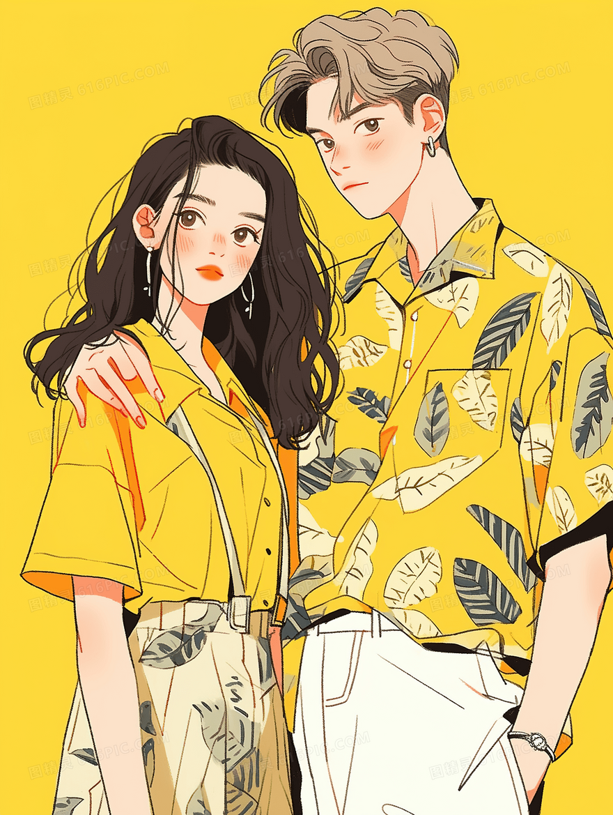 卡通青春时尚情侣装人物插画