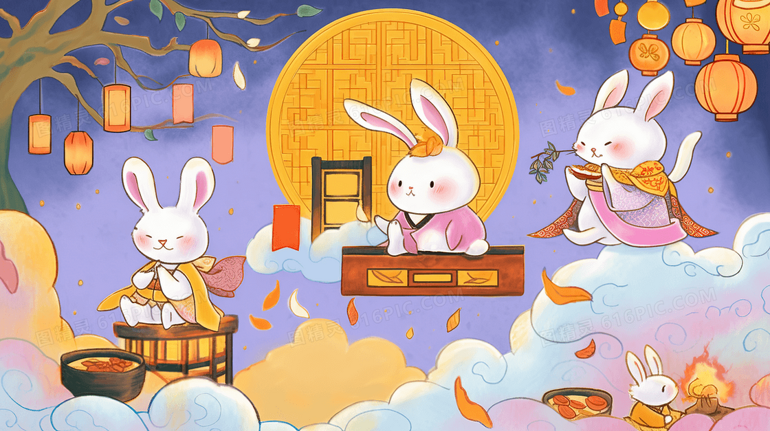 可爱卡通中秋节玉兔小仙子们开心的庆祝创意插画