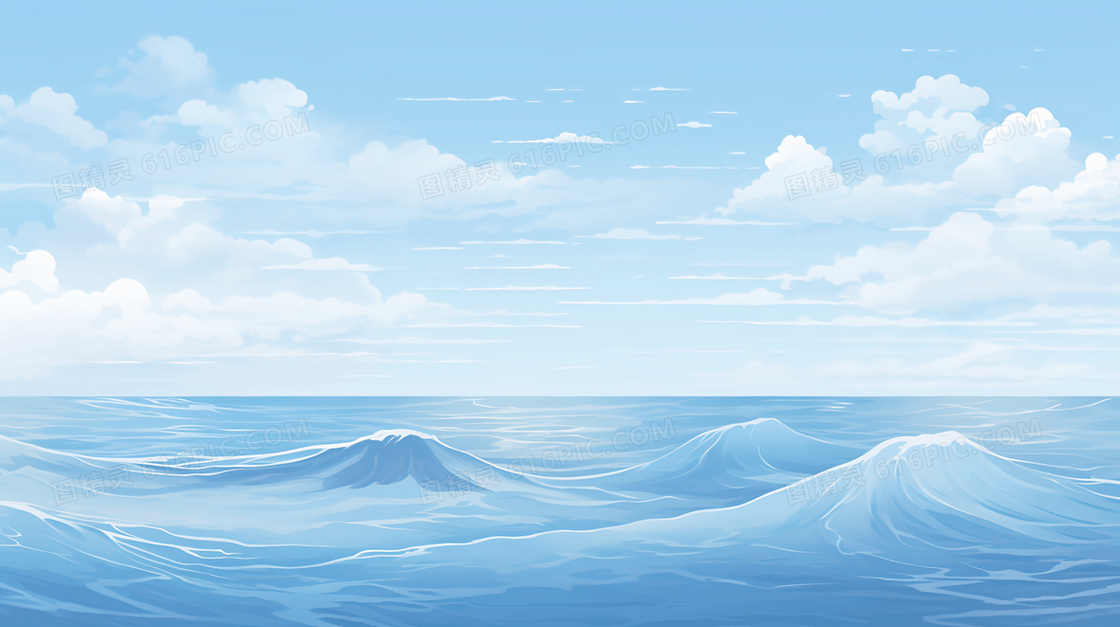 唯美蓝天白云大海风景插画
