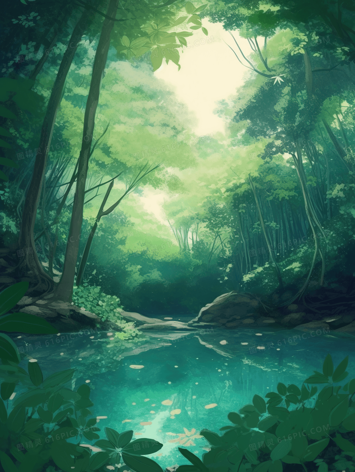 绿色唯美森林深处风景插画