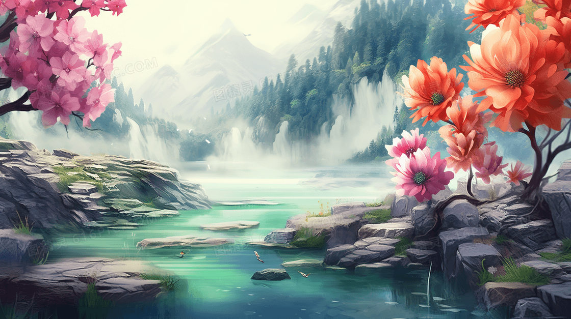 彩色唯美山水花朵风景插画