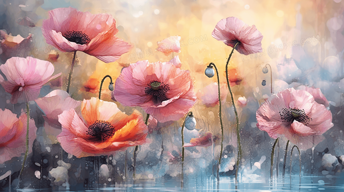 彩色唯美山水花朵风景插画