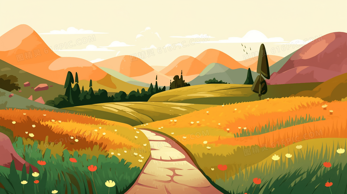 绿色唯美牧场风景插画