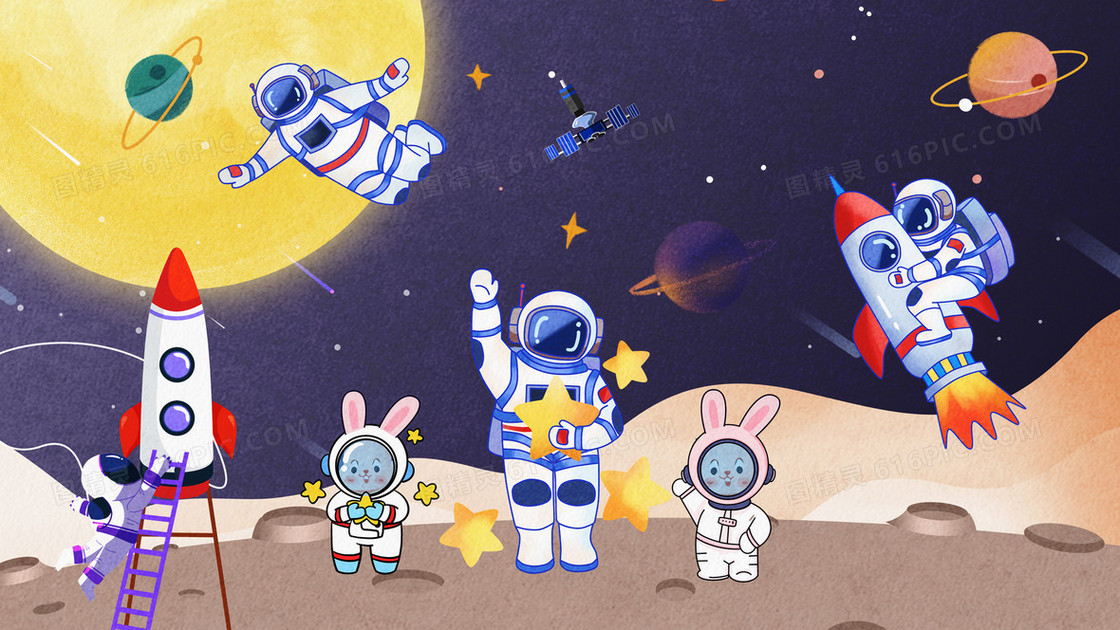中秋月球宇航员兔子创意插画