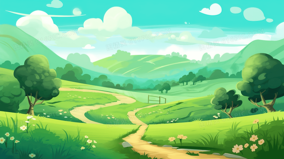 绿色唯美牧场风景插画