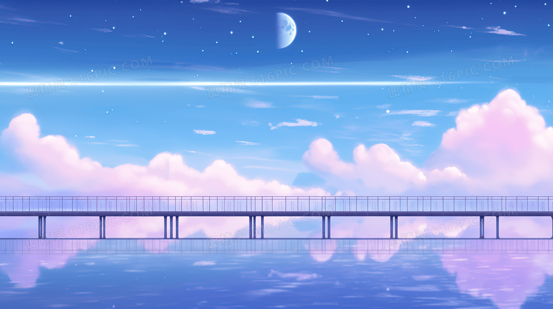 唯美梦幻海面上的跨海大桥创意插画