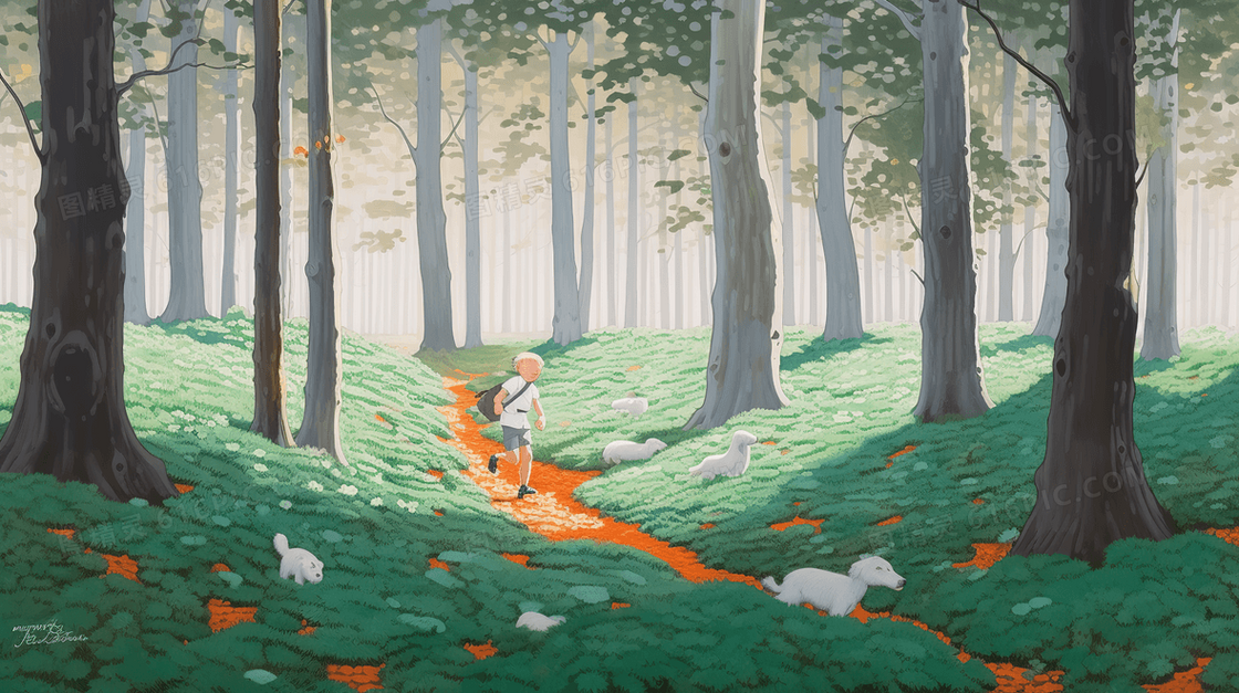森林中奔跑的卡通男孩小狗插画