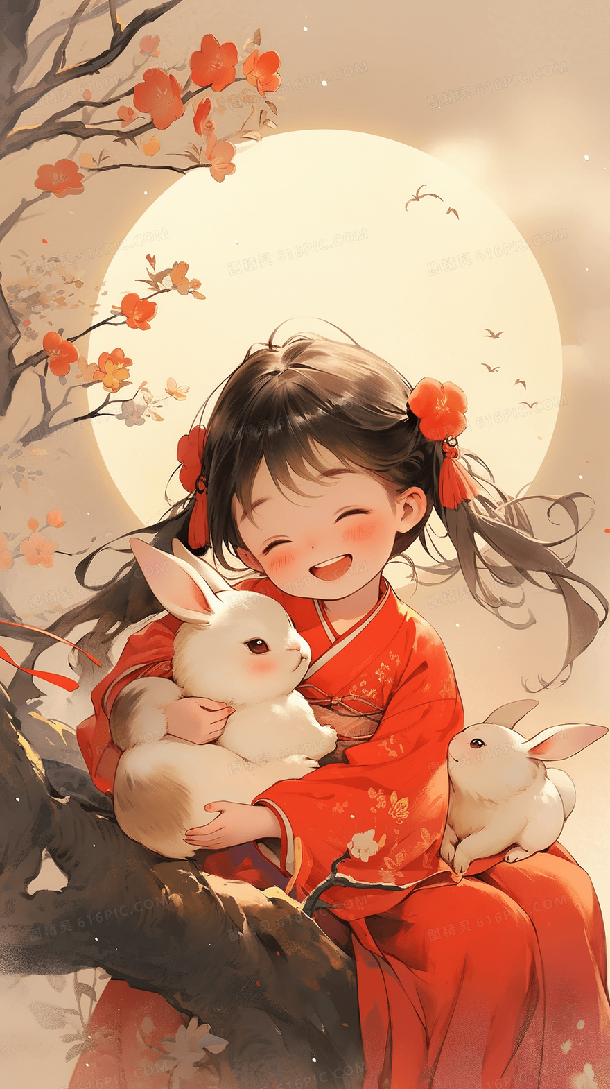 古风少女中秋节抱着兔子赏月的女孩创意插画