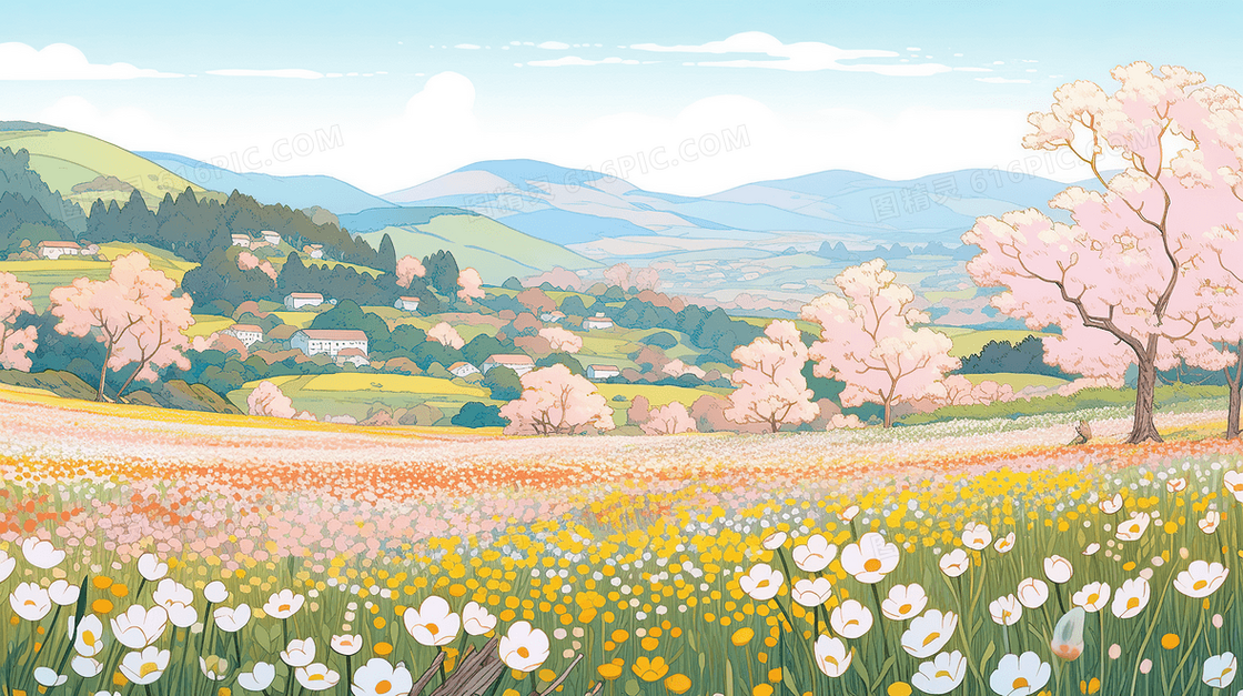 唯美乡村花瓣风景插画