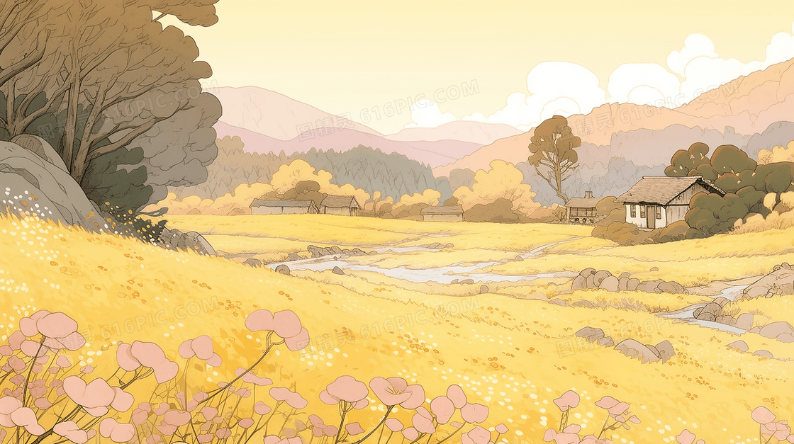 唯美乡村花瓣风景插画