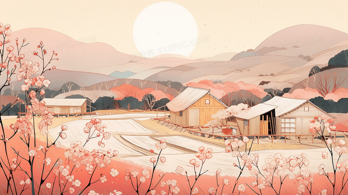 唯美乡村花瓣风景插画