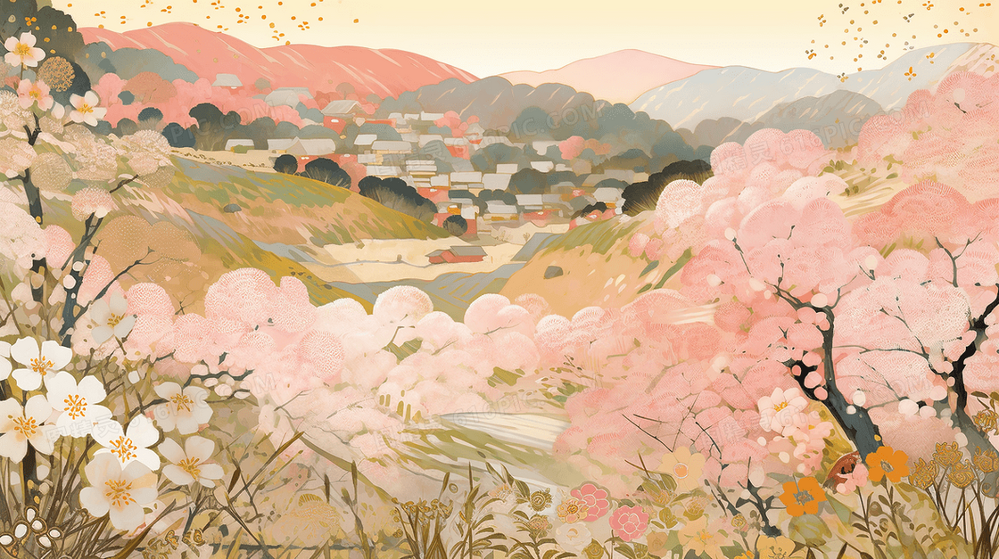 唯美乡村花瓣风景插画