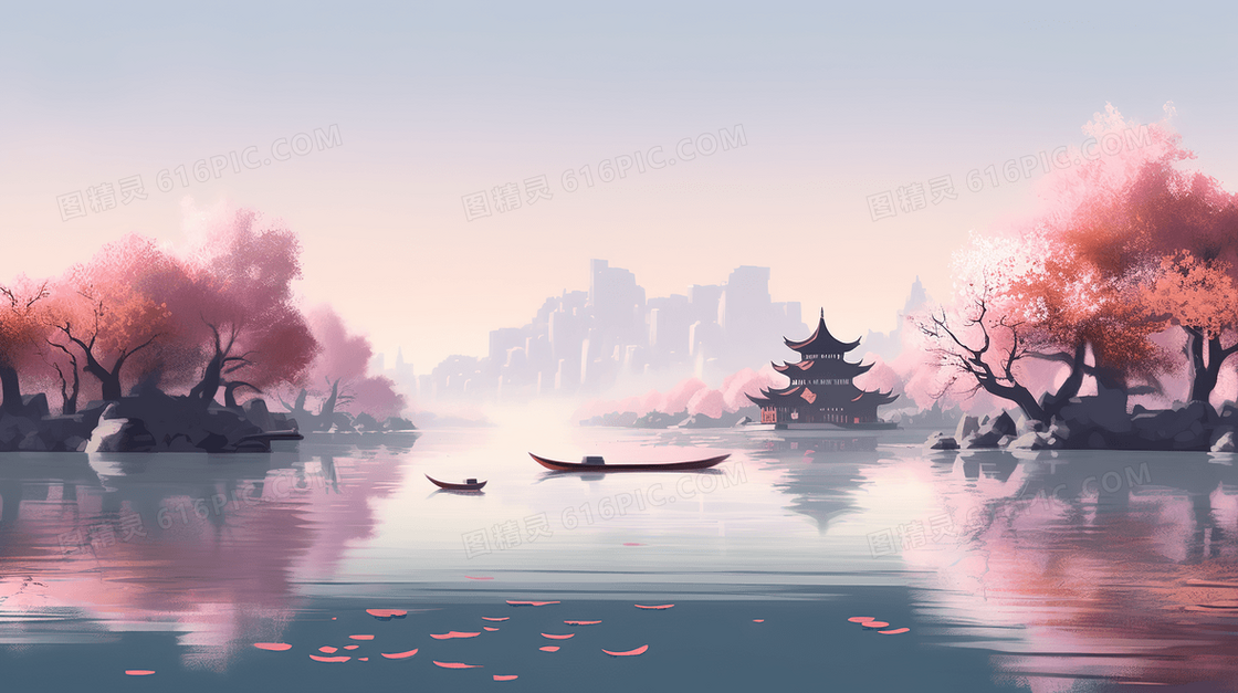 唯美粉色植物风景插画
