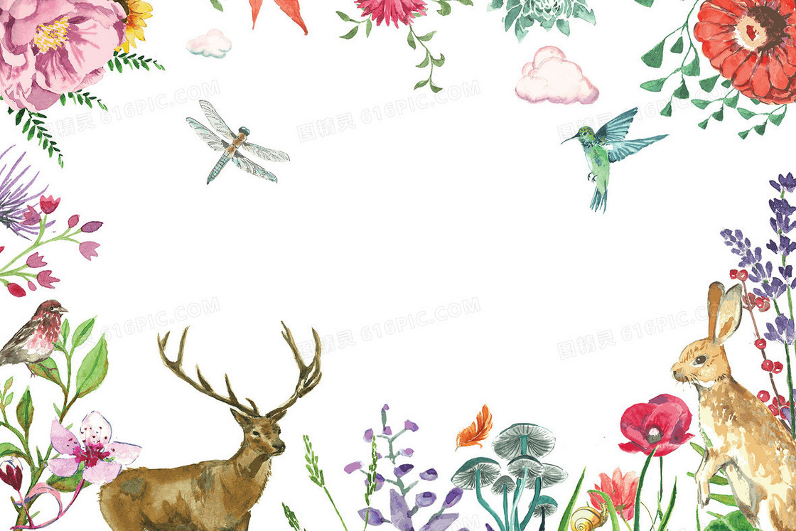 手绘淡雅水彩花卉动物卡片背景