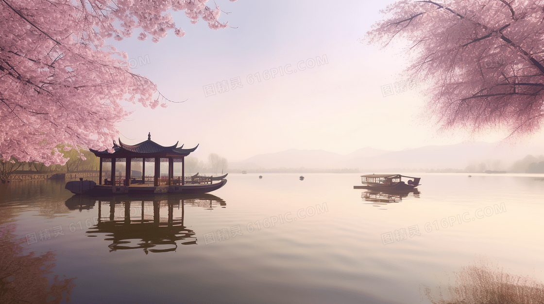 唯美粉色植物风景插画