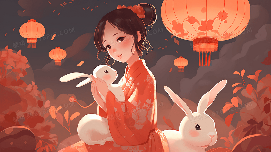 中国风3D抱兔子的女孩人物插画