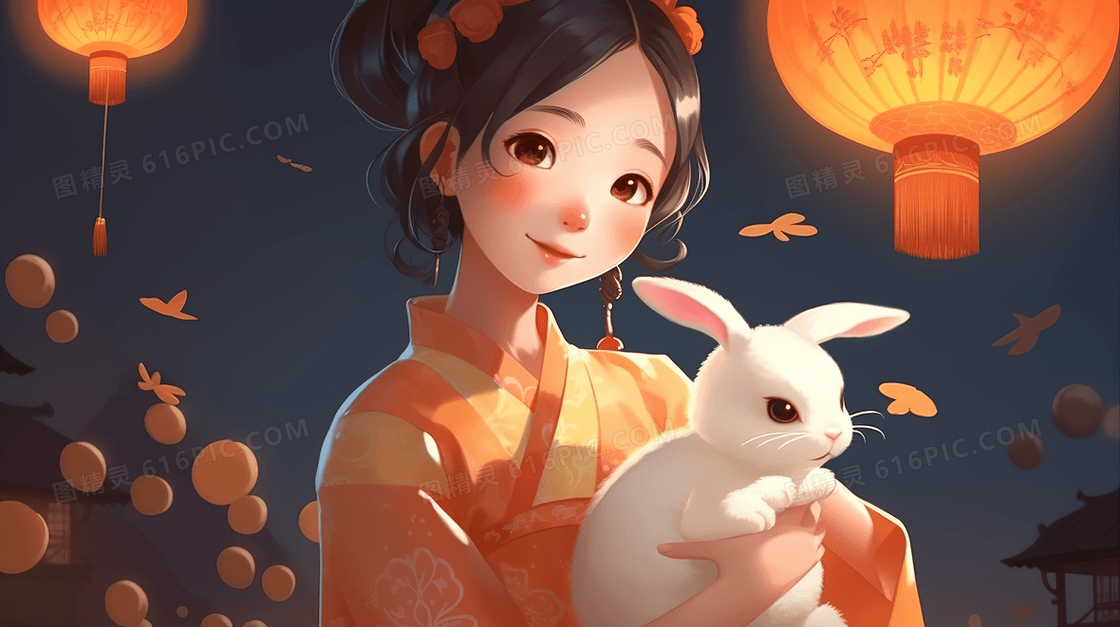 中国风3D抱兔子的女孩人物插画