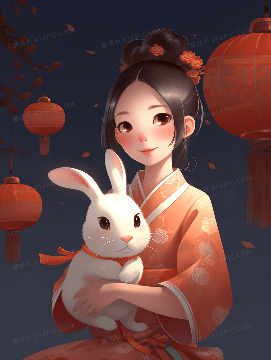 中国风抱兔子的女孩人物插画