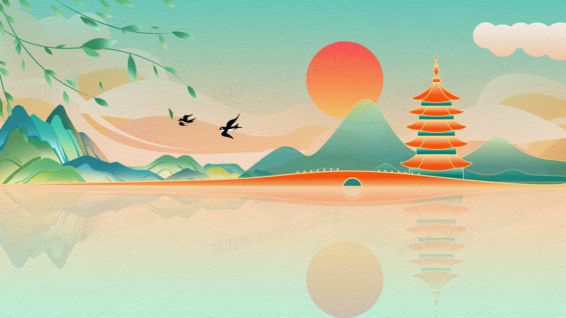 传统山河建筑国潮插画