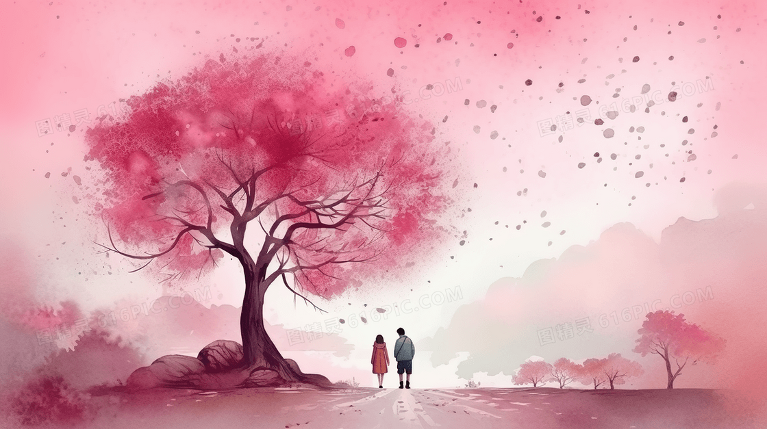 粉色唯美大树下的情侣人物插画