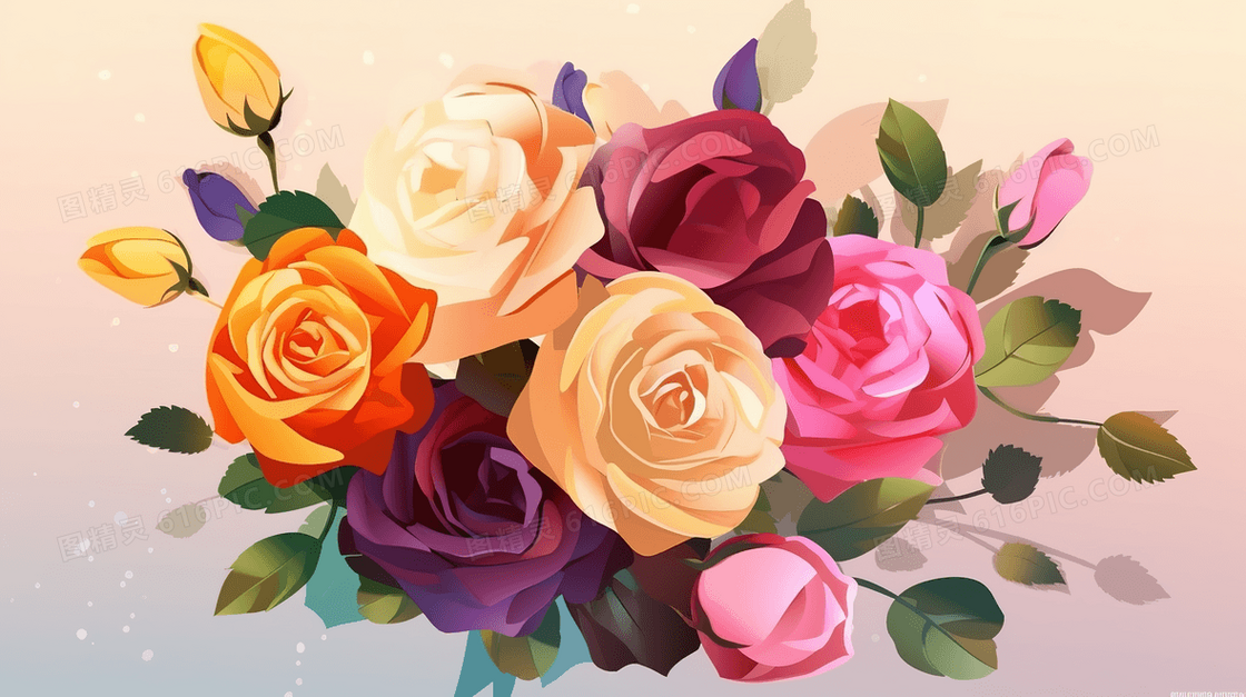 彩色唯美浪漫玫瑰花插画