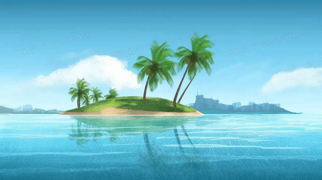 绿色唯美夏天海边休闲度假风景插画