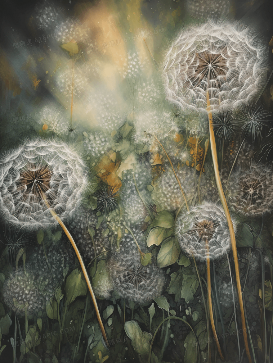 绿色唯美蒲公英植物插画