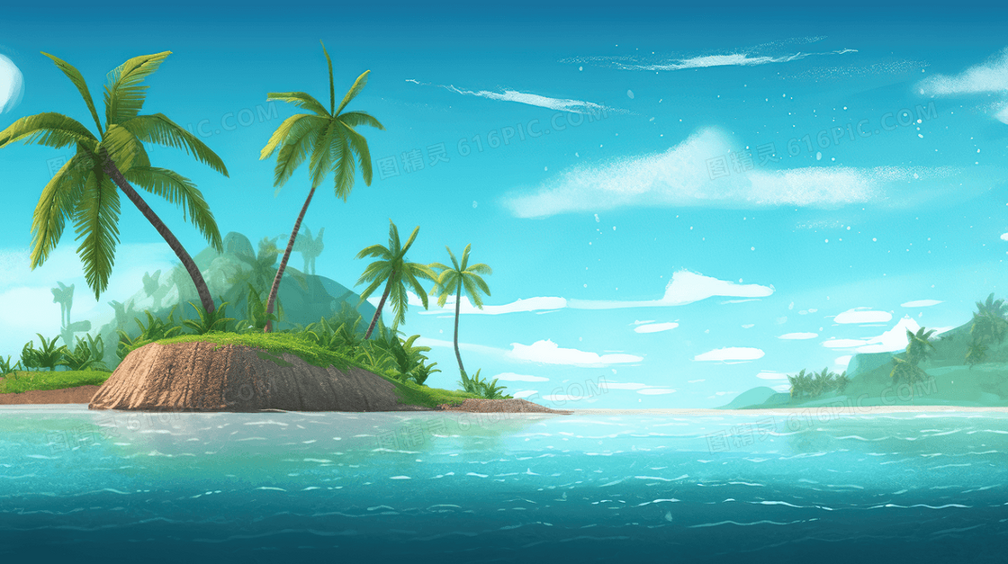 绿色唯美夏天海边休闲度假风景插画