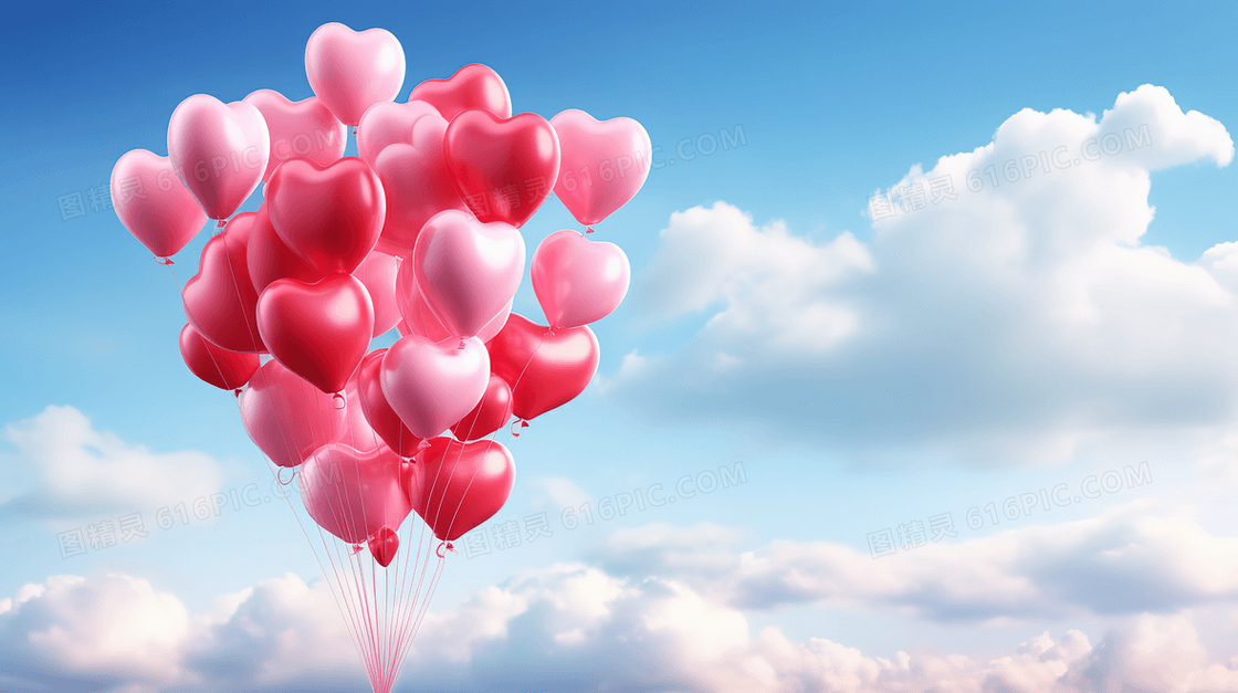 天空上漂浮的爱心气球创意图片
