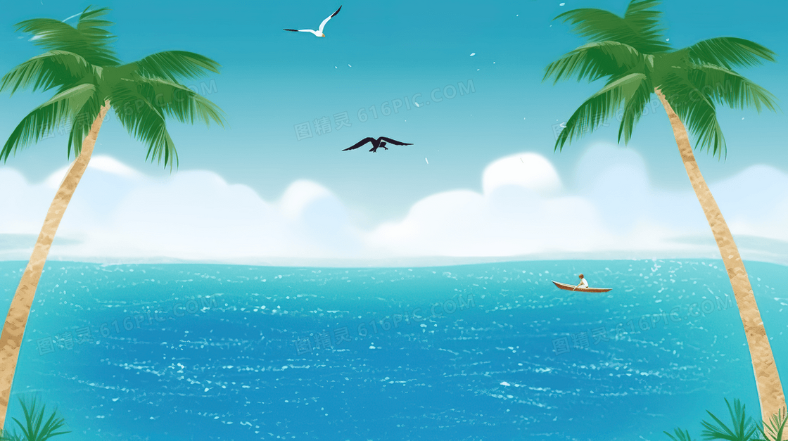 夏日唯美海鸥海边度假风景插画