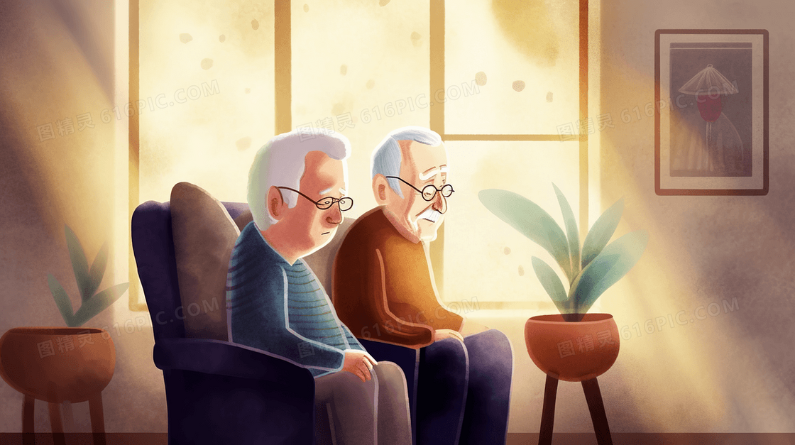 沙发上的孤独老人卡通人物插画