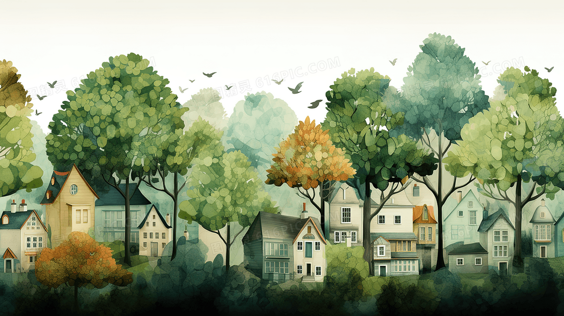 唯美房屋被绿色大树环绕创意插画