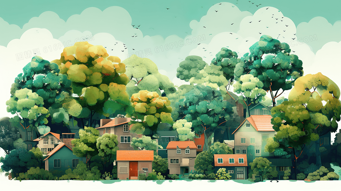 唯美房屋被绿色大树环绕创意插画