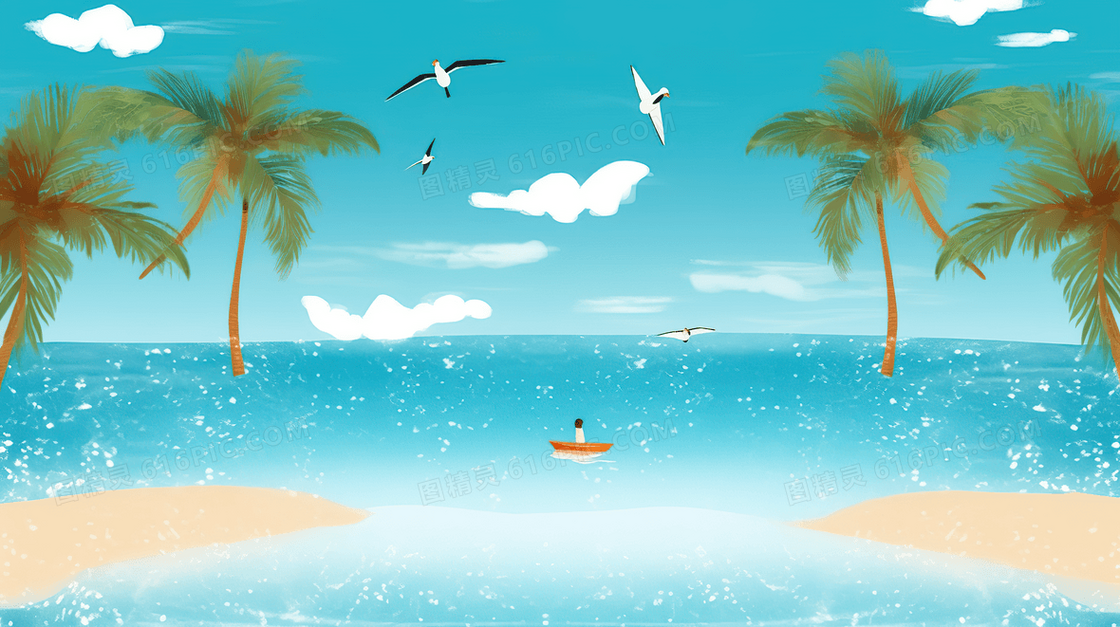 夏日唯美海鸥海边度假风景插画