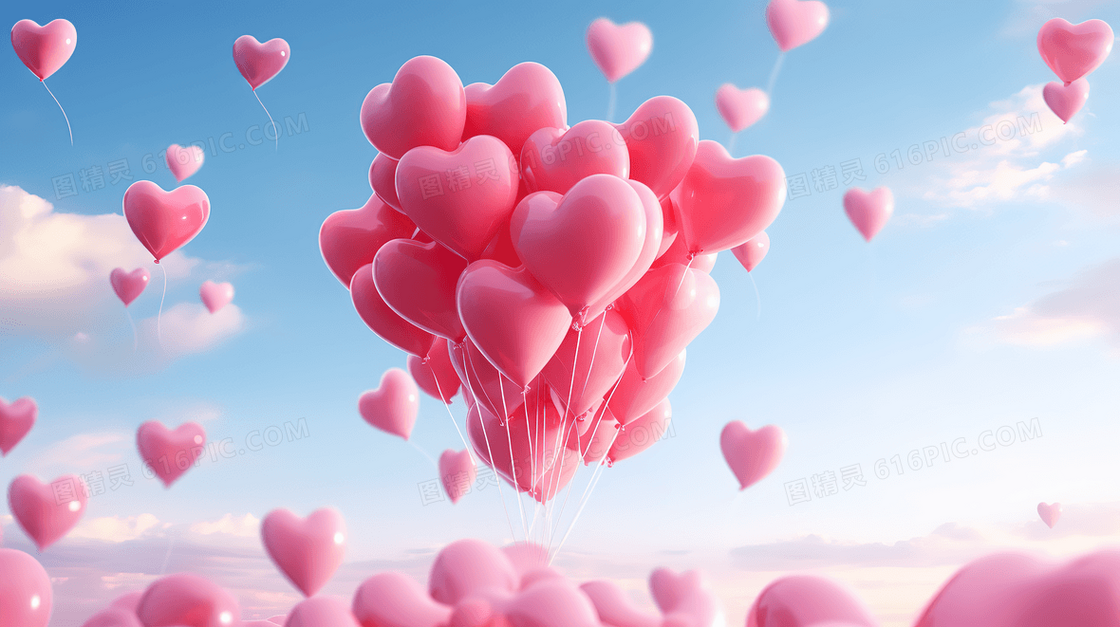 天空上漂浮的爱心气球创意图片
